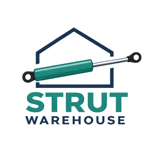 A logo-style graphic showing a teal and silver hydraulic door stopper or strut mounted in front of a dark blue house outline, with the text 'STRUT WAREHOUSE' below on a white background.