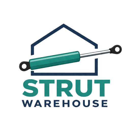 A logo-style graphic showing a teal and silver hydraulic door stopper or strut mounted in front of a dark blue house outline, with the text 'STRUT WAREHOUSE' below on a white background.